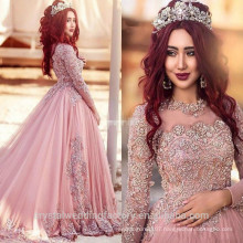 Vestido De Noiva Appliques Beading Ball Gown Elegant Lace Long Sleeve New Arrival Pink Muslim Wedding Dress WW1413